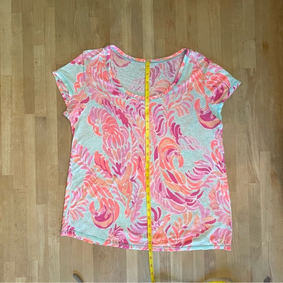 LILLY PULITZER Sarah Top Tee in Love Birds Print Linen Blend Pink Blue Sz Large - Picture 8 of 8